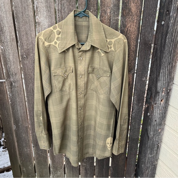 Khaki Pearl Snap Plaid Shirt With Gold Skull & Dots Sz S/M - Picture 1 of 16